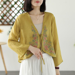 Women's Embroidered Chiffon Cardigan Long Sleeve <b>Tie</b> Front Summer Blouse Breathable Yellow Green <b>Purple</b> Orange Cotton Wrap Shirt - Product Image 1