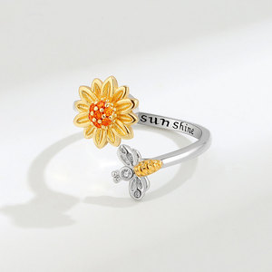 Trendy Claw Insert Orange Zircon Rotating Sunflower Ring Copper Gold Plated <b>Bee</b> Flower Open Rings Anti Anxiety Jewelry For Women - Product Image 3
