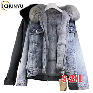 Manteau d'hiver <span class=keywords><strong>en</strong></span> fausse fourrure doublée <span class=keywords><strong>veste</strong></span> <span class=keywords><strong>en</strong></span> <span class=keywords><strong>jean</strong></span> pour femmes hiver épais chaud lâche <span class=keywords><strong>dos</strong></span> fermeture éclair jeans vêtements d'extérieur pour femmes manteaux avec bouton - Product Image 1