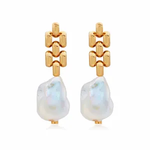 Gemnel fashion 925 silver party jewelry chunky baroque freshwater pearl drop chain link earrings