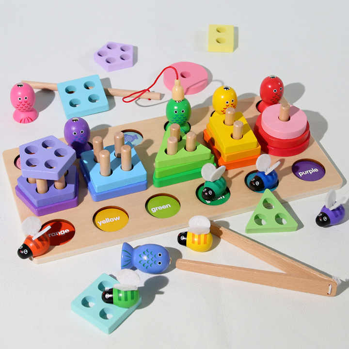 Wooden Geometric Sorting Board Toys 3 in 1 Shape Matching Fishing Fruits Cutting Game Stacking Block Jigsaw Puzzle Games
