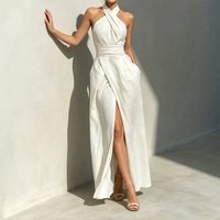Robe longue d'été 2026 pour femme, sans col, style vintage, taille haute, coupe ajustée, en polyester, couleur unie, avec ceinture et poches