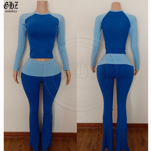 Y2K abbigliamento donna su misura in cotone Skinny Raglan manica lunga T-Shirt e piega sopra i pantaloni a zampolla Leggings donna 2 pezzi set da salotto - Product Image 5
