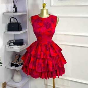 Abito Estivo 2025 da Donna Europeo-Americano, Nuovo Modello Dolce e Fresco con Stampa Floreale, Scollo a O, Senza Maniche, Vita Alta e Gonna a Strati - Product Image 1