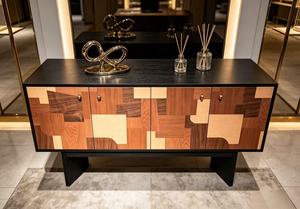 Premium Mixed Wood Patchwork <b>Sideboard</b> 4-Door Abstract Art Design Large <b>Storage</b> Modern Credenza For Living Room Dining Room - Product Image 6