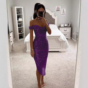 Nouvelle Robe de Soirée Élégante pour Invitée de <span class=keywords><strong>Mariage</strong></span>, Encolure Dégagée Fendue, Paillettes, Rouge, pour Femmes - Product Image 5