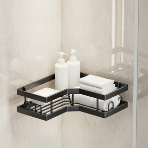 Étagère d'angle de douche noire mate à 3 niveaux en métal avec crochets de drainage pour rangement de salle de bain, design gain de place - Product Image 2