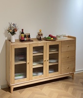 Buffet haut convertible en chêne massif écologique, moderne, avec portes vitrées et tiroirs, meuble autoportant pour la maison