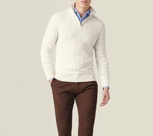 Custom Casual High Quality Beige 100% Cashmere Wool Cotton <b>Cable</b> <b>Knit</b> Zipper Men's Cashmere <b>Sweater</b> - Product Image 4