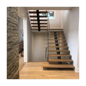Открытая подъемная лестница, дизайн с деревянными поручнями, перила из нержавеющей стали, прямые моно рельсы для лестниц