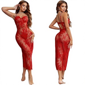 B006 2025 Vente directe usine Prix de gros Pyjama d'été imprimé en dentelle respirant à col en V et taille élastique, longue nuisette à bretelles - Product Image 1