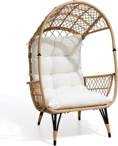 Kursi telur anyaman tangan ukuran besar, kursi telur naungan matahari teras dengan sandaran lengan lebar dan bantal untuk balkon dek taman