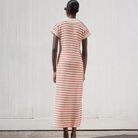 Nouvelle Robe Longue Tricotée Respirante pour Femme, Coupe Ample, Col Rabattu, Manches Courtes, Chic, Col en V, Rayée, Fourreau, Fendue Sexy