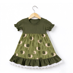 Robe d'été pour filles en soie de lait à manches courtes, avec poignets à volants et ourlet en dentelle, imprimé intégral, robe tourbillonnante pour tout-petits - Product Image 4