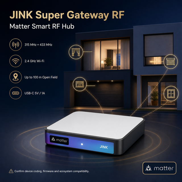 JINK Matter RF Gateway 315 433MHz WiFi Smart Home Hub for Curtains Garage