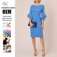 Robe de soirée élégante pour femme, coupe ajustée, longueur genou, en crêpe, col rond, manches évasées superposées, idéale pour cocktail et occasions formelles