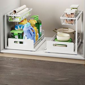 Étagère de rangement sous évier de cuisine à double niveau en métal, prête à l'emploi, avec design coulissant pour vaisselle, étanche et réglable - Product Image 3