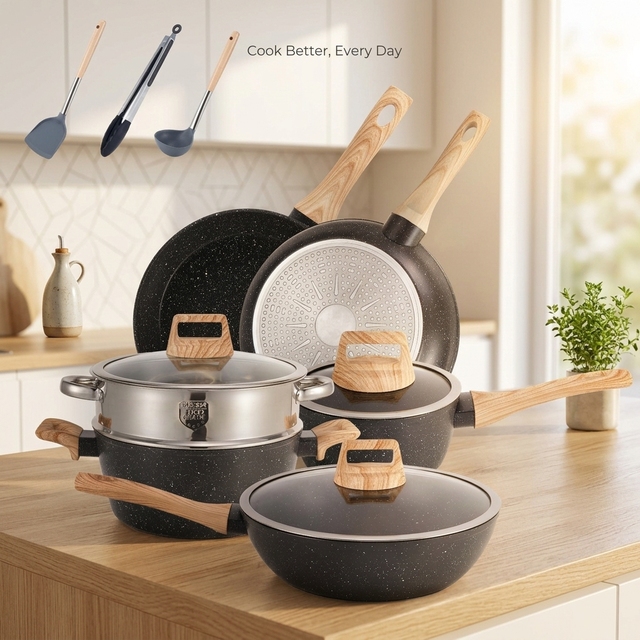 12-Piece Premium Cast Aluminum Cookware Set Nonstick Marble Coating Cream Pots and Pans With Transparent Glass Lids Home Kitchen