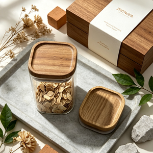 Frasco de Vidrio Alemán de Calidad Resistente al Calor para Almacenamiento de Alimentos con Tapa Redonda Cuadrada de Madera de Acacia, Recipiente Hermético para Cocina - Product Image 2