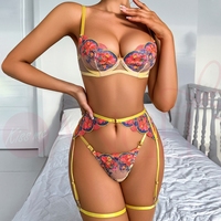KISS ME ANGEL Lingerie Sexy et Érotique, Contrôle Léger, Broderie Florale, Maille Ajourée, Transparente, Push-up, Ensemble Soutien-Gorge et Culotte pour Femmes