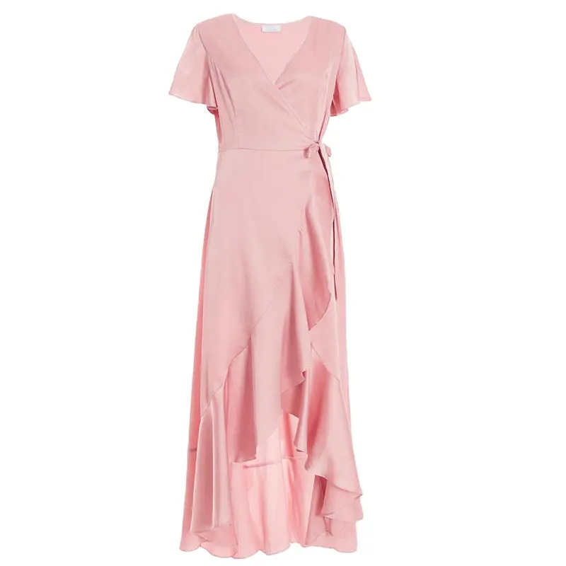 New Design Ladies Summer Irregular Dress OEM Customized Frill Details Dip Hem Satin Wrap Sweet Maxi Dress