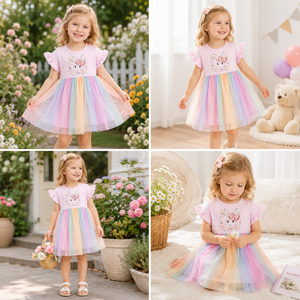 Vestito Tutu Rosa Arcobaleno <span class=keywords><strong>per</strong></span> Bambine con Maniche a Sbuffo e Motivo Coniglietto in Cotone Organico, Abito Casual <span class=keywords><strong>per</strong></span> Bambini 20 Anni OEM ODM - Product Image 4