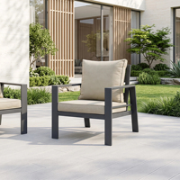 Ensemble de canapés d'extérieur J&M Modern Poolside, structure en aluminium, table en imitation bois, mobilier de jardin, fauteuils, coussins, 7 pièces