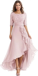 Robes <span class=keywords><strong>de</strong></span> soirée formelles en mousseline <span class=keywords><strong>de</strong></span> soie à manches mi-longues avec appliques en dentelle, longueur thé, <span class=keywords><strong>pour</strong></span> invitées <span class=keywords><strong>de</strong></span> mariage et mères <span class=keywords><strong>de</strong></span> <span class=keywords><strong>la</strong></span> mariée - Product Image 3