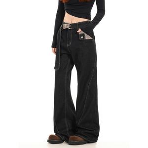 Vaqueros acampanados unisex de denim crudo con patchwork de pata de gallo, estilo vintage Old Money, de cintura media, pierna ancha, largos hasta el suelo, para invierno. - Product Image 1