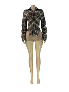 Viviblook Z1222TP02 Camiseta de Mujer, Elástica, Casual, Estampado a Cuadros, Sexy, Manga Larga, Cuello Redondo, Cuello en V, Talla Grande - Product Image 2