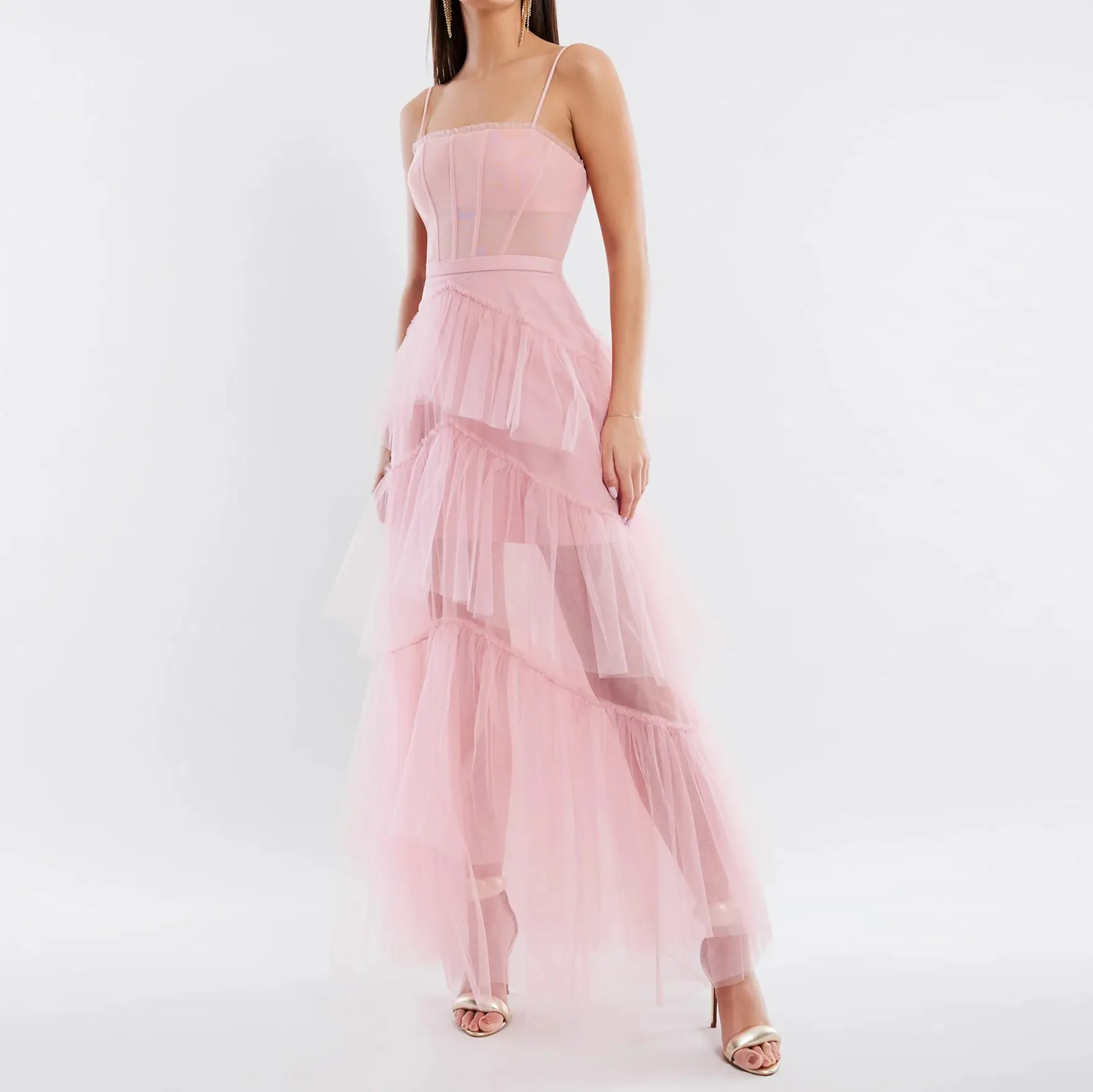 Custom 2023 Pink Chiffon Tiered Ruffle Tulle Evening Dresses Gown Sexy Women
