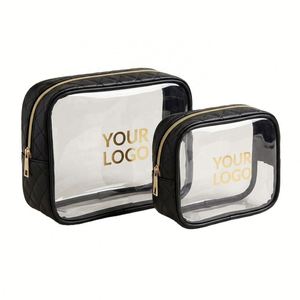 Ensemble de trousses de maquillage transparentes de qualité supérieure, en cuir PVC matelassé, imperméable, organiseur de toilette de voyage avec fermeture éclair dorée pour femmes, vacances, personnalisable - Product Image 1