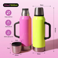 Bouteilles de sport tendance 2026 pour le camping et la pêche, en acier inoxydable 304, 1500 ml, à double paroi, personnalisables, avec couvercle double usage