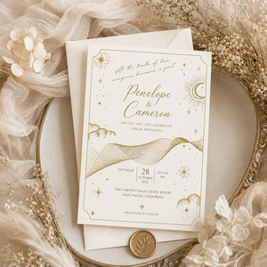 Suite di Inviti Nuziali Personalizzati con Foglia d'Oro Celestiale, Luna e Stelle, Carta Pregiata Testurizzata, Busta Abbinata Goffrata - Product Image 6