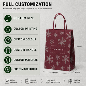Christmas <b>Paper</b> Gift Bag Maroon Snowflake Foil Print Twisted Handles <b>Recyclable</b> For Apparel Stores - Product Image 2