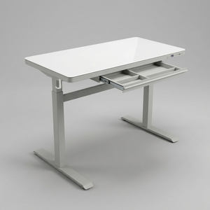 Bureau d'ordinateur réglable en hauteur Lumetal avec tiroir, surface en verre, structure métallique, poste de travail de bureau, modèle S7132 - Product Image 1