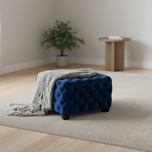 Pouf ottoman en velours tufté bleu, siège rembourré, mobilier de salon moderne, design contemporain, banc de rangement, décoration intérieure - Product Image 2