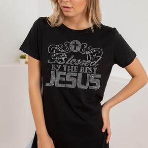 Magliette Religiose Cristiane Personalizzate con Strass, Design 'I Am Blessed' con Applicazione in Strass, Tessuto Elasticizzato - Product Image 5
