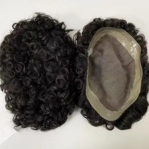 Durable male lace wigs Indian human hair replacement fine mono hair prosthesis toupee for men human hair 16 mm curly