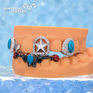 Grillz personnalisé haut et bas 6 8 en argent, turquoise, or rose, Moissanite VVS, plaqué or 14K, style Hiphop, serti, bijoux fins unisexe - Product Image 2