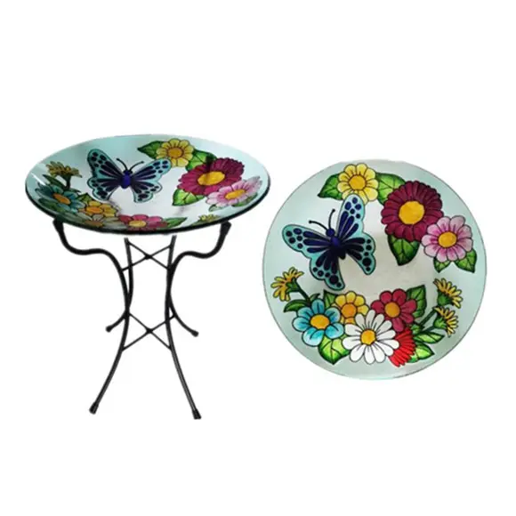 Hand Painted Butterfly Flower Pattern Outdoor Garden Metal Bracket Glass Bird baths Bee Bird bath WDBB0033