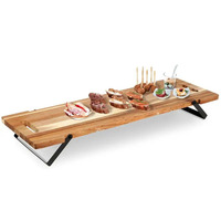 Planche à servir extra longue en bois d'acacia avec pieds pliants, plateau à fromage surélevé, planche à charcuterie pour buffet, traiteur, fête