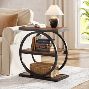 Table d'appoint étroite avec 3 étagères de rangement, table d'appoint en bois avec cadres en métal noir, petite table d'appoint de canapé industrielle - Product Image 1