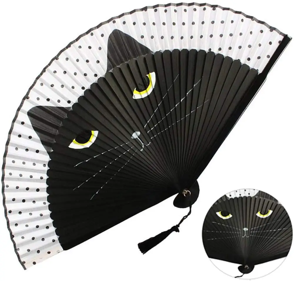 Ventilateur pliant en bambou à motif de chat personnalisé avec glands pour les produits chauds d'été