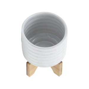Pot en céramique avec support en bois, pot en grès moderne pour plantes d'intérieur et d'extérieur, pots à fleurs ronds, décoration intérieure - Product Image 4