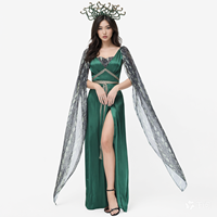 Robe longue de soirée féminine pour Halloween, style Renaissance, avec cape en maille à sequins verts et coiffe à cornes, pour cosplay de fée elfe fantastique
