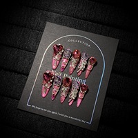 Faux ongles de luxe rouge rose œil de chat faits à la main, patchs d'ongles artisanaux lourds pour rendez-vous, festivals et décoration d'ongles
