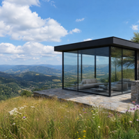 Gazebo Moderno con Estructura de Aluminio y Techo de Cristal, Pabellón Exterior con Techo Corredizo, Puerta Corrediza de Cristal, Pérgola Impermeable para Jardín, Patio o Terraza