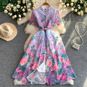 <span class=keywords><strong>Robe</strong></span> <span class=keywords><strong>longue</strong></span> élégante à col montant imprimé floral en dentelle, style vintage rétro français, pour femme, avec fente et taille ajustée - Product Image 4