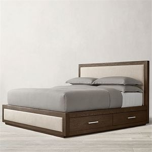 Lit double en bois massif et tissu, style américain, pour chambre à coucher, maison d'hôtes, hôtel, villa, chambre modèle, meubles personnalisables - Product Image 2